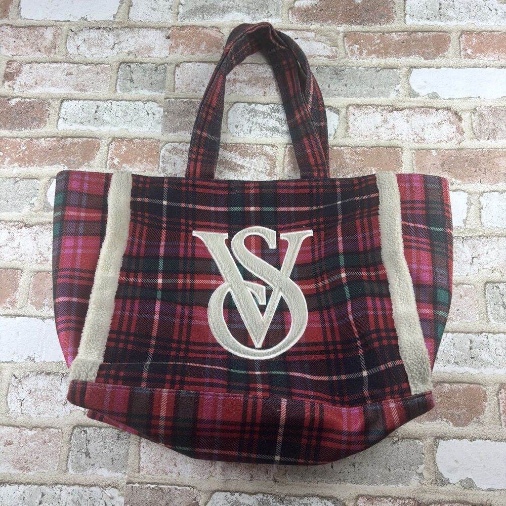 Victoria's Secret Christmas Tote Bag Tartan Plaid Sherpa Limited Edition Holiday